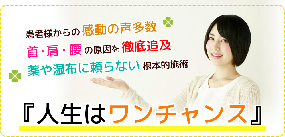 『人生はワンチャンス』　患者様からの感動の声多数　首・肩・腰の原因を徹底追及　薬や湿布に頼らない根本的施術